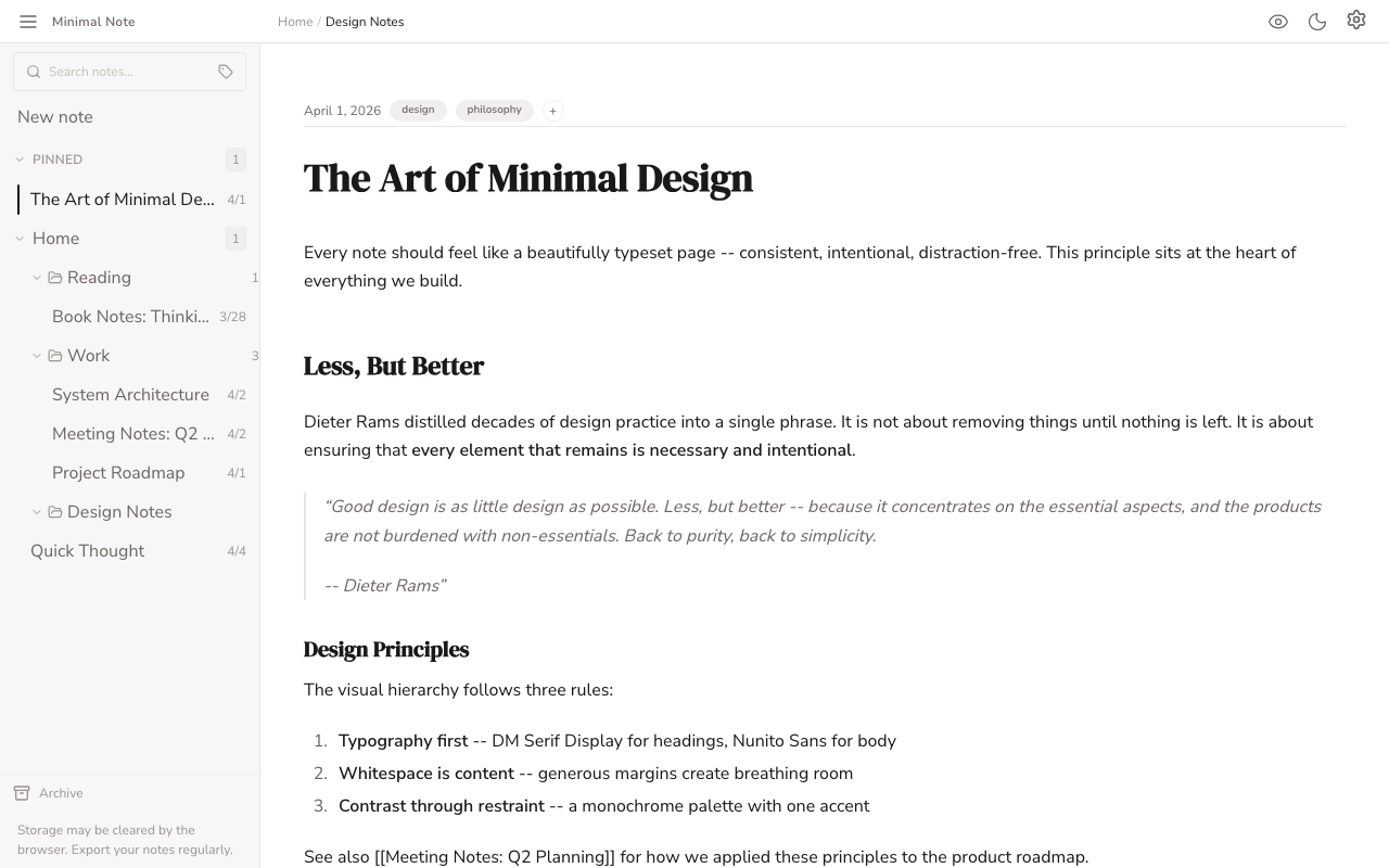 The Minimal Note editor: a note titled The Art of Minimal Design with a date, tags, headings, a quote and a numbered list, beside the folder sidebar